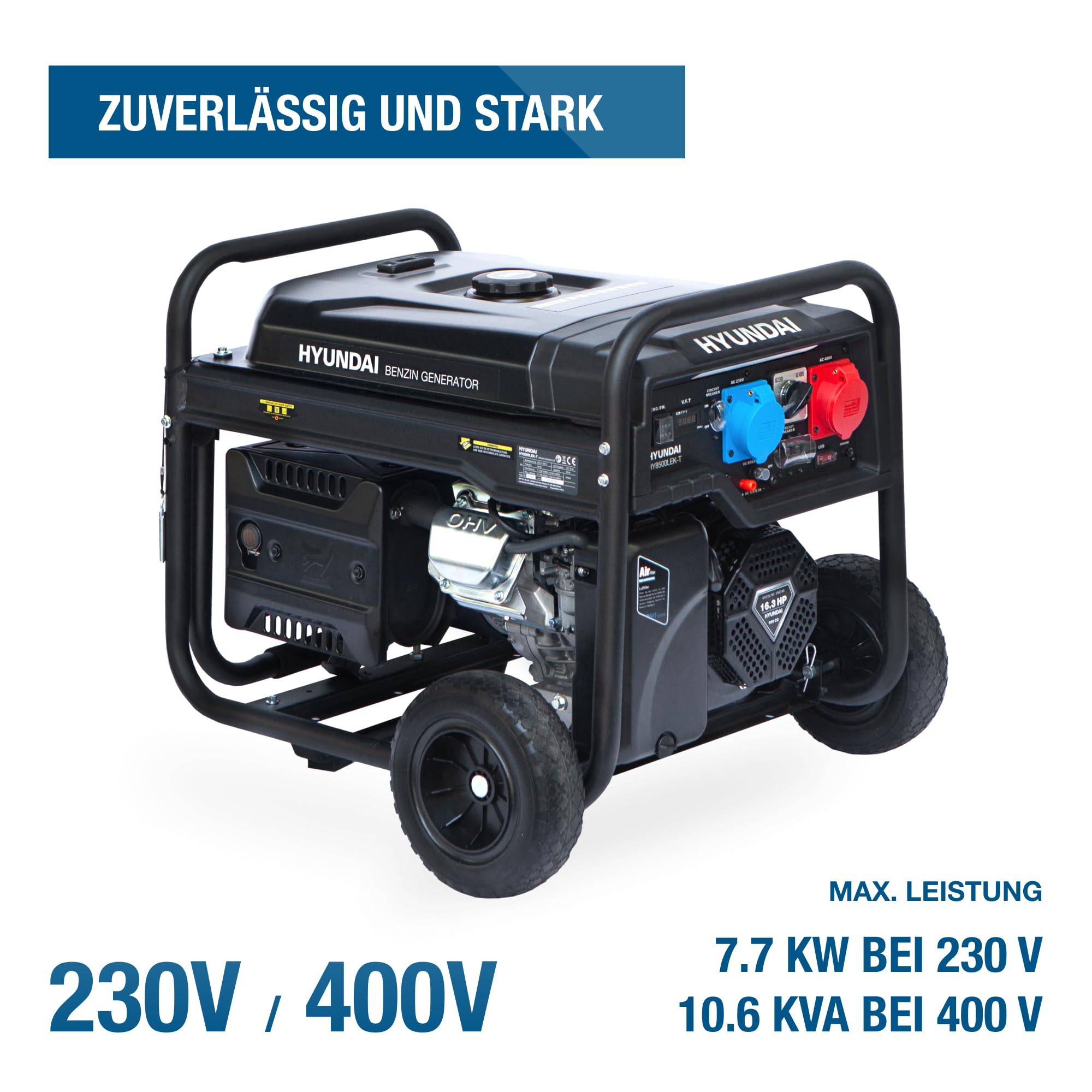 HYUNDAI Benzin Stromgenerator HY8500LEK-T, Stromerzeuger mit 230V & 400V, max. Leistung 10.3kVA, 16.3PS Motor, E-Start, Generator für Baustelle, Notstromaggregat