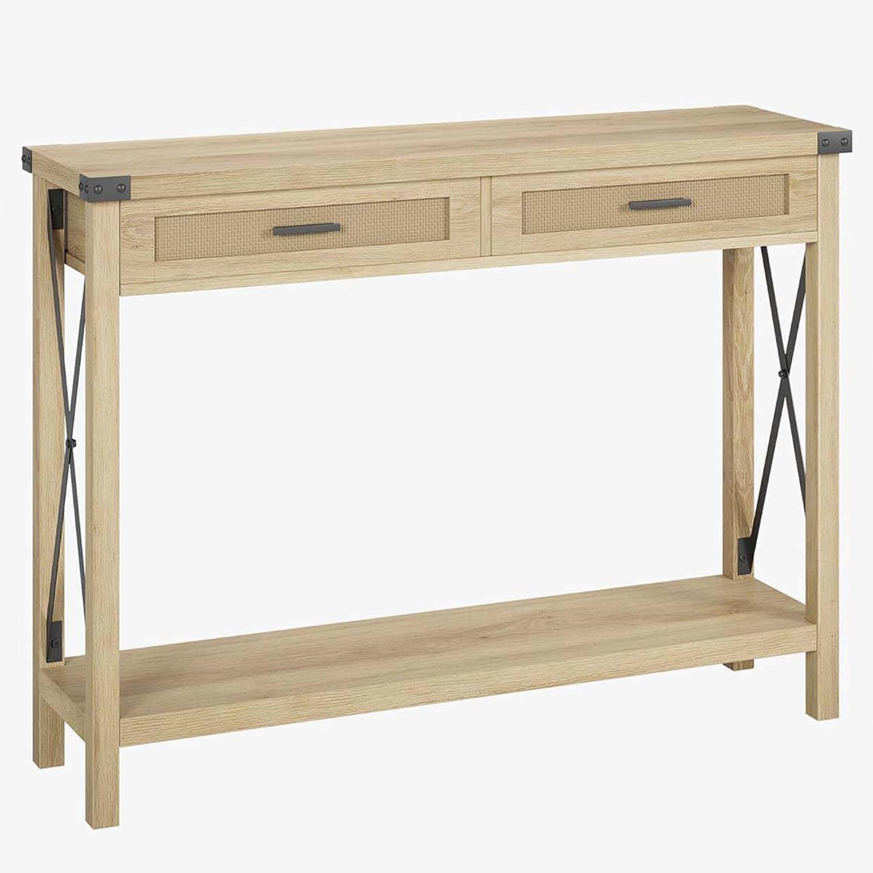 Litake Konsolentisch Rattan mit 2 Schubladen& Offene Ablage, Flurtisch Eingangstisch Schmaler Sofatisch für Wohnzimmer, Arbeitszimmer, Eingangsbereich oder Fernsehwand