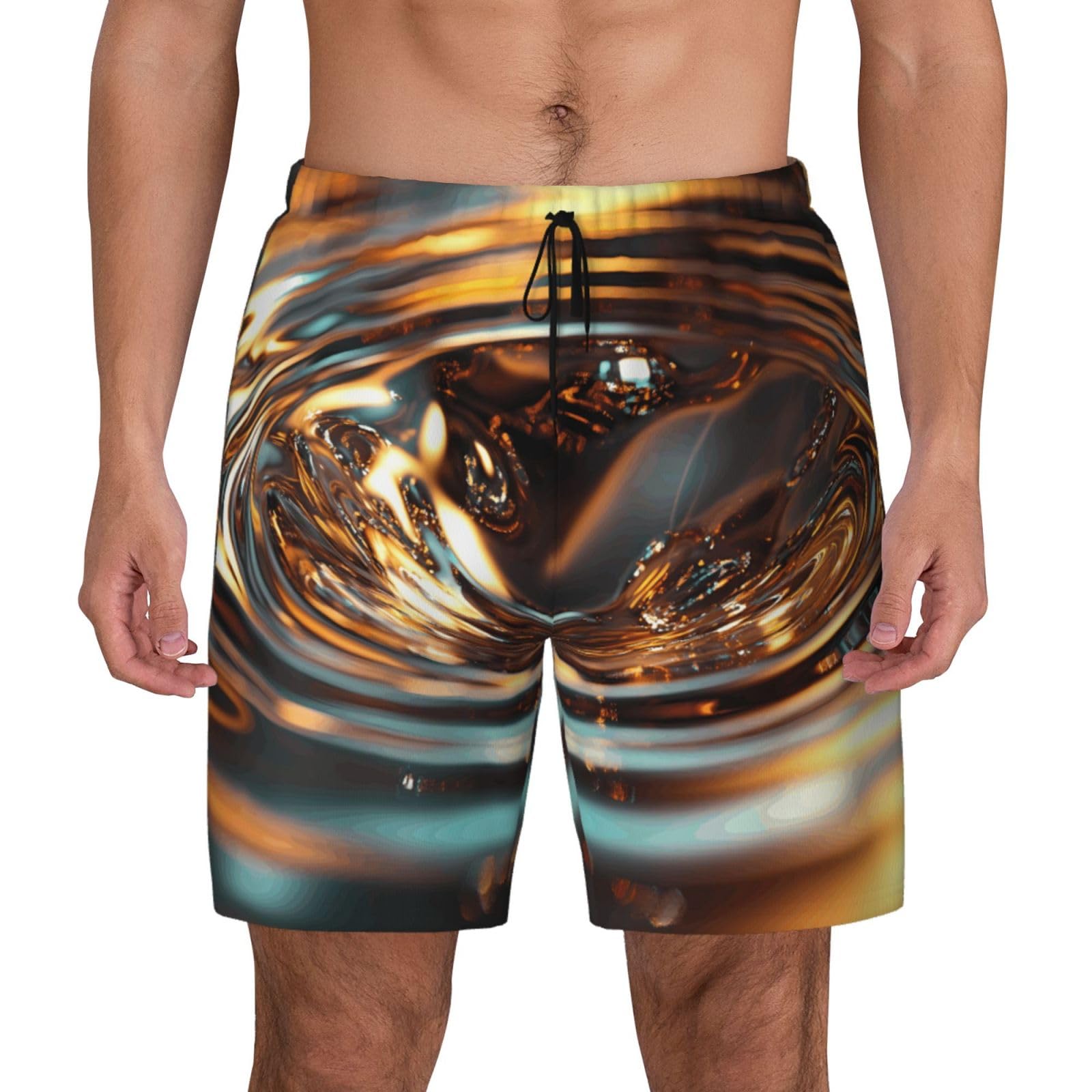 Men's Beach Shorts Liquid Metal Swirl Printed Double-Layer Surf Shorts Suitable for Surfing and Fishing