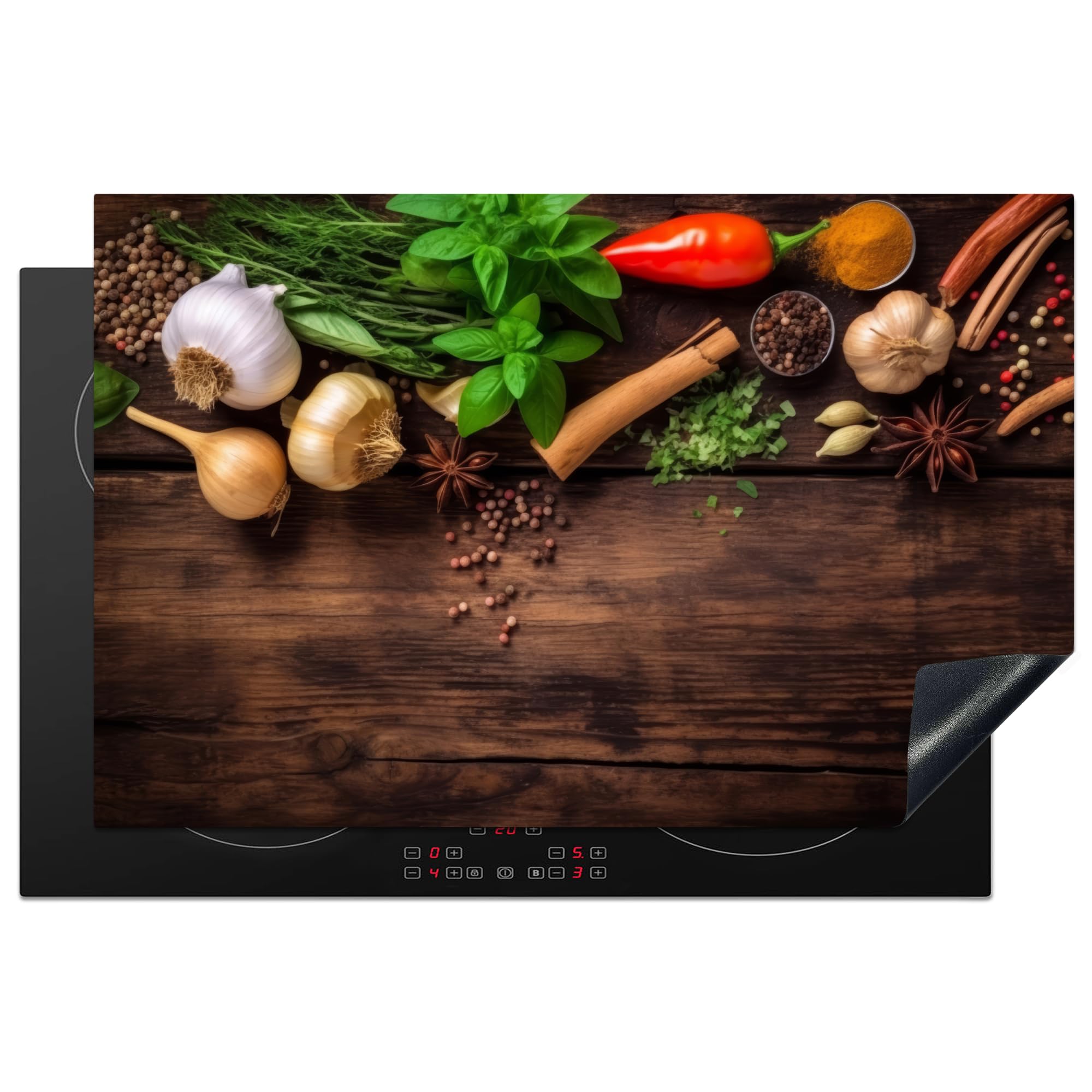 KitchenYeah© Induction Hob Protector Mat 20.5"x31.9" / 81.2x52 cm Stove Cap Top Cover Kitchen Cooker Covers for Electric Hobs Vinyl Garlic - Herbs - Vegetables - Spices - Wood - Still Life
