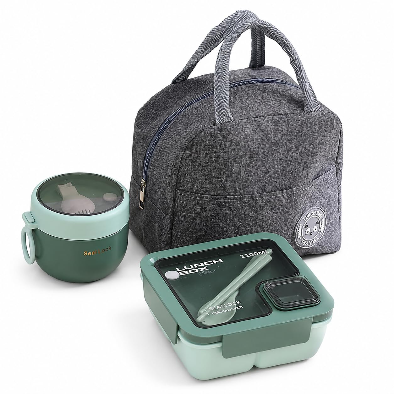 Nymblis Lunch Box, Bento Lunch Box Set with Insulated Lunch Bag, Oat Container, Sauce Box, Cutlery, 1100 ML Leakproof Lunch Box Adults for Food Storage, for Men Women Office School (Green)