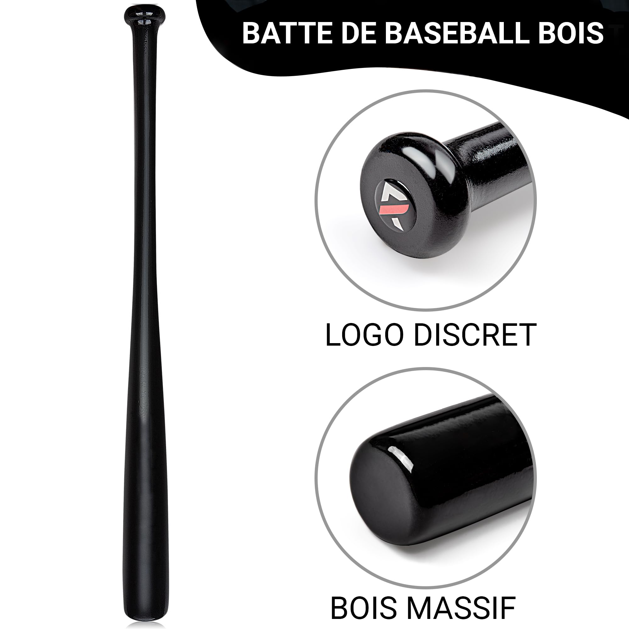 Redfield - Batte de Baseball - Bois Massif écologique - 30 Pouces (76cm) - 2 Couleurs au Choix - Noir ou Bois Naturel