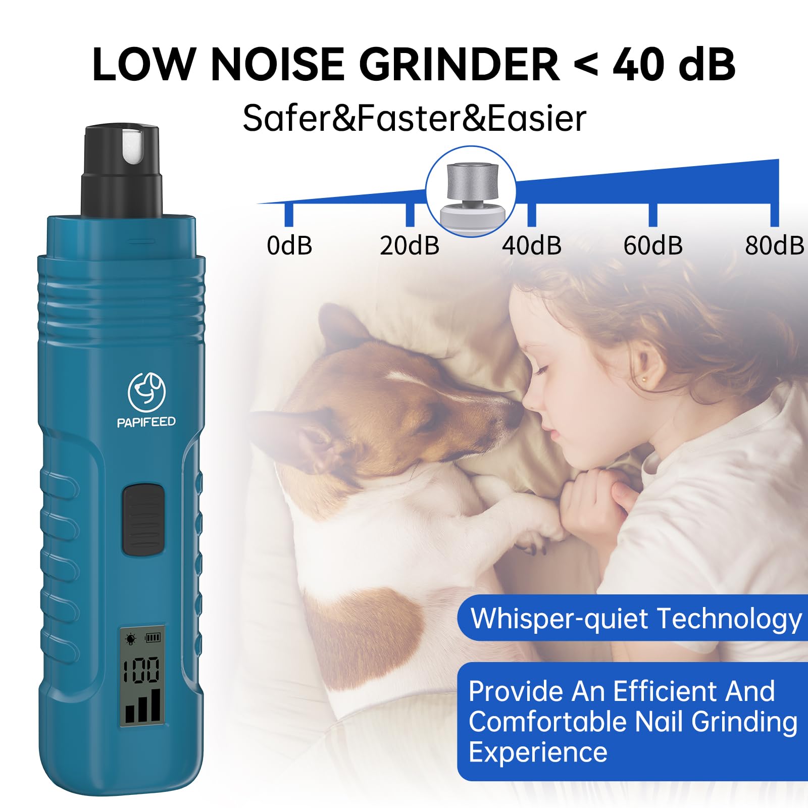 PAPIFFEED Dog Nail Grinder with LCD Display – Quiet Electric Nail Trimmer with Dual LED Light, Safe for Black & Thick Nails, Rechargeable for Small Medium Large Dogs & Cats (Blue) - image 5
