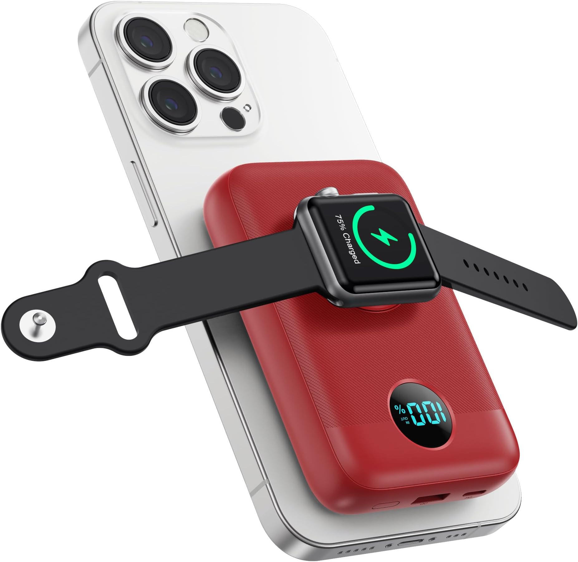 Magnetic Portable Charger 10800mAh,4-in-1 Wireless Power Bank with iWatch Charger, QC4.0+20W PD Fast Charging USB C Battery Pack with LCD Display for Magsafe,iPhone 16/15/14/13/12,Apple Watch -Red