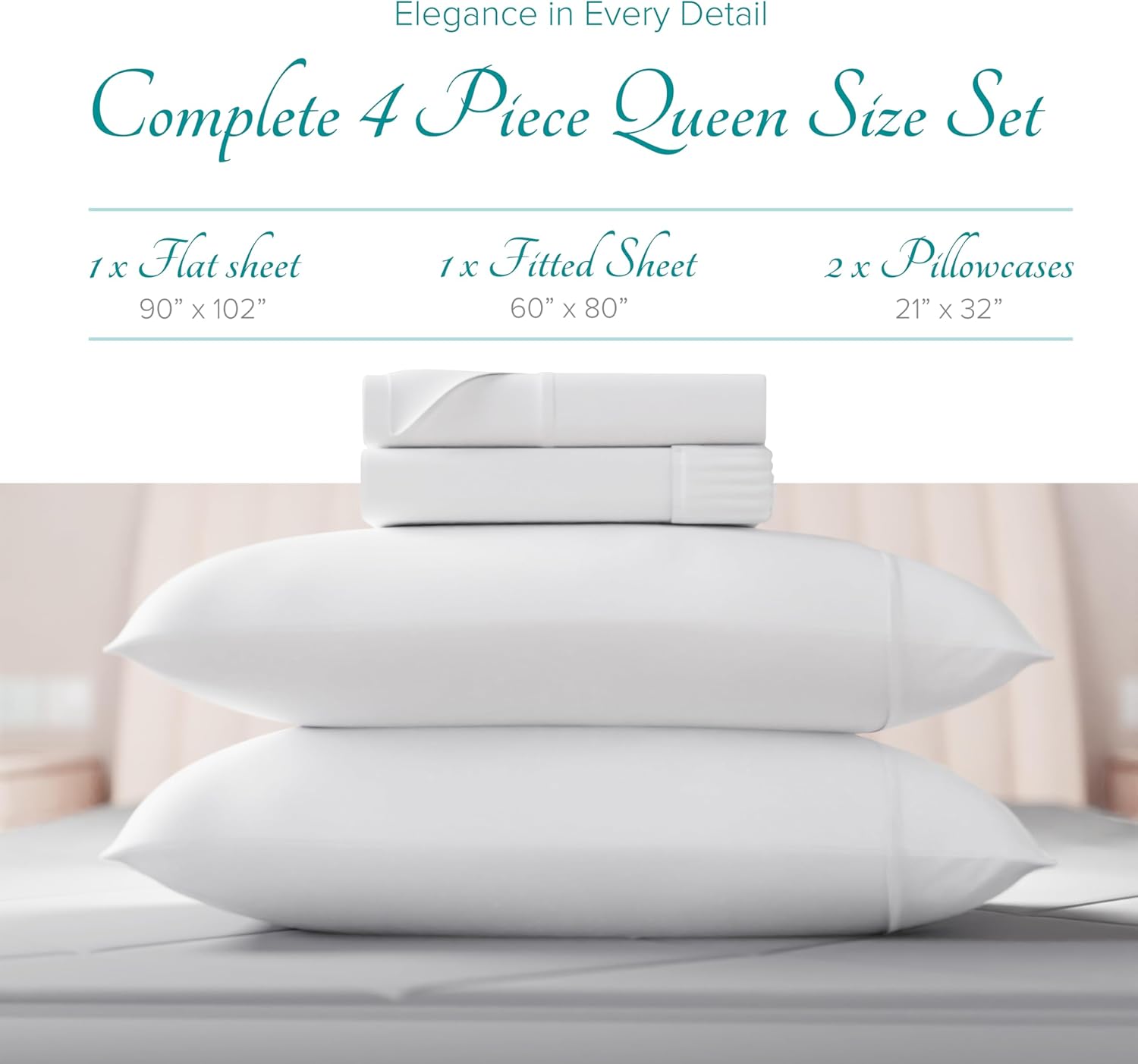 Carressa Linen 100% Egyptian Cotton Queen Sheet Set - 800 High Thread Count Egyptian Cotton Sheets Queen Size (4 PC, Crisp White), Soft, Cooling, 16" Deep Pocket Sateen Weave Luxury Hotel Bed Sheet - Image 3