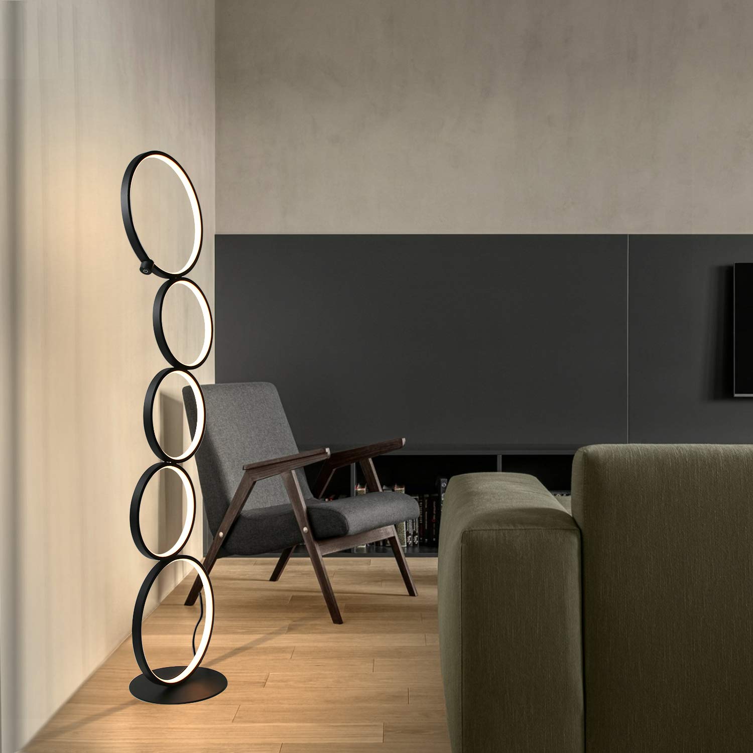 GBLY LED ściemnialna lampa podłogowa nowoczesna 32W przełącznik dotykowy ciepła biel 3000K aluminiowa górna 5-Lekka pierścieniowa czarna do sypialni salon