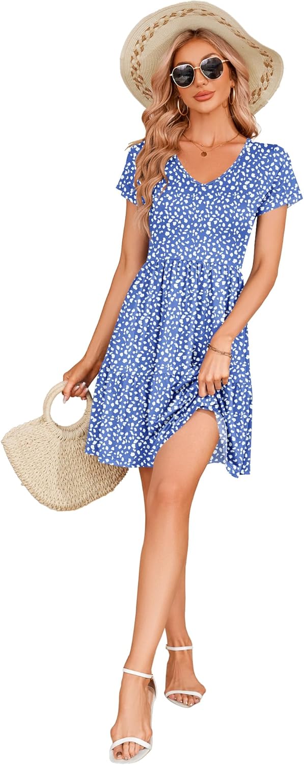 AUSELILY Women Summer Dress Casual Short Sleeve Sundress V Neck Floral Tiered Beach Dresses with Pockets - Image 6
