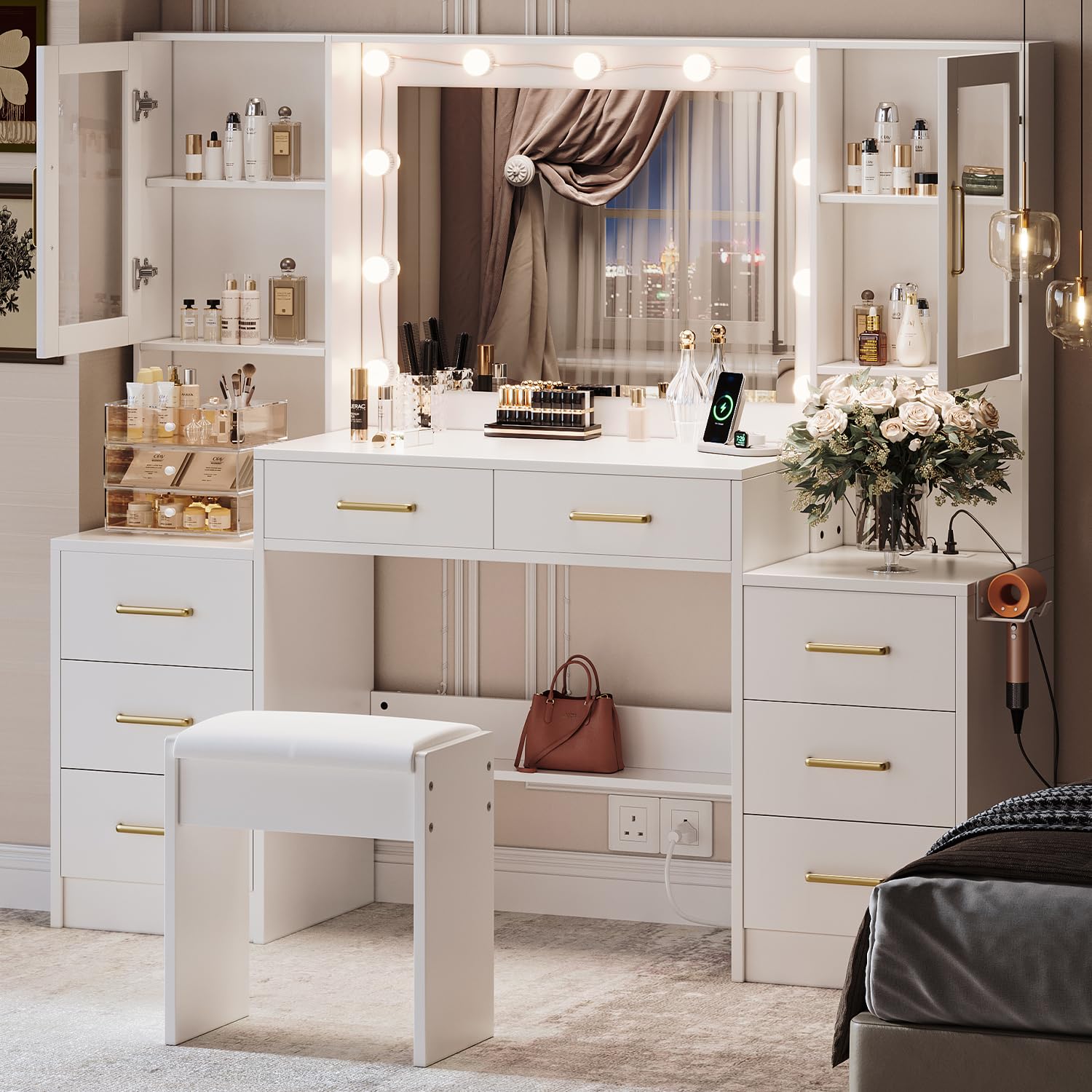 58334 large vanity desk with mirror amp lights makeup vanity with 10 led lights 8 metal sliding drawers amp 2 cabinets white vanity set with stool amp power outlet 3 lighting modes adjustable brightness