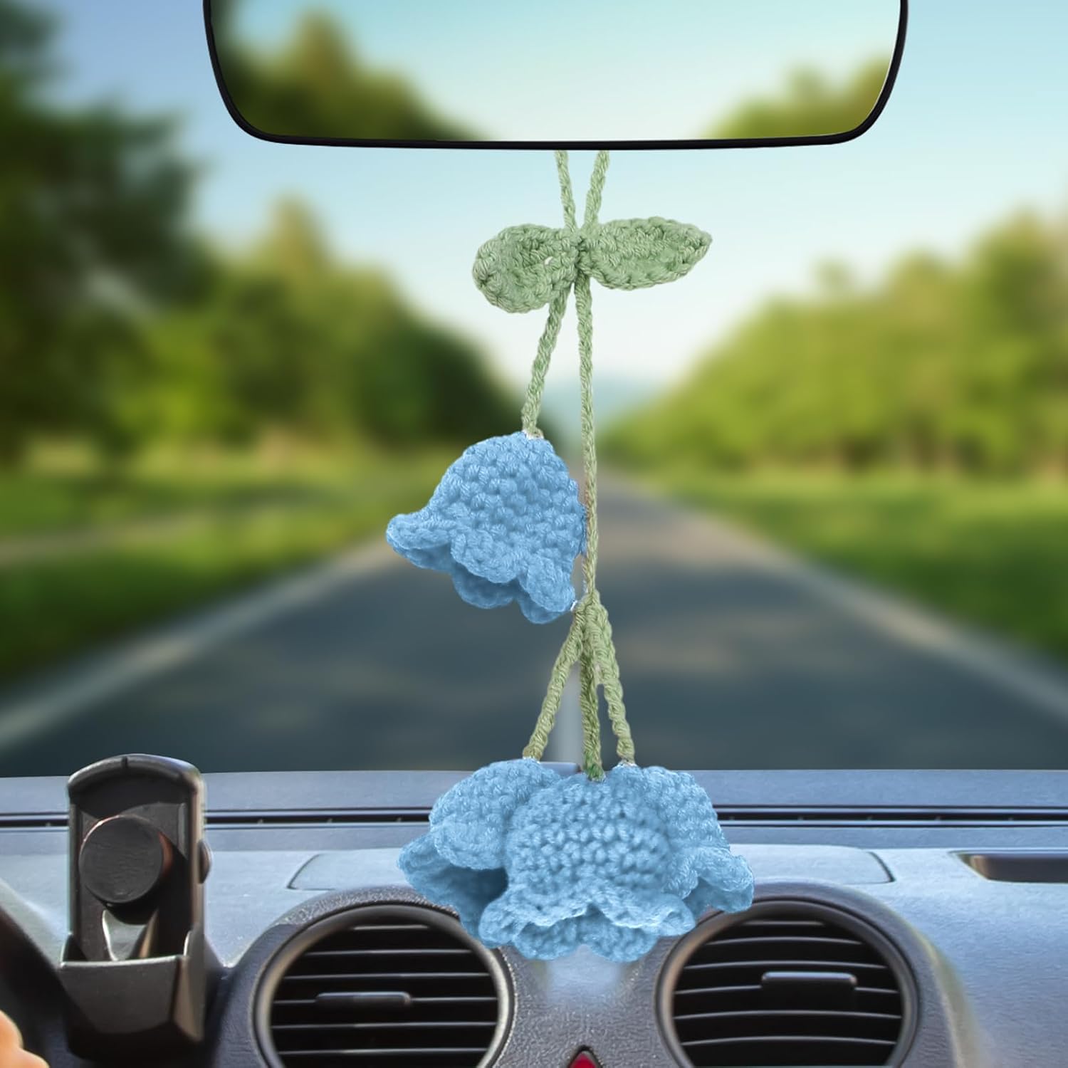 Crochet Lily of The Valley Mirror Hanging Ornament for Cars, Cute Hand Knitted Flower Rear View Mirror Car Charm, Hanging Pendant Decor Car Accessories for Women (Blue)