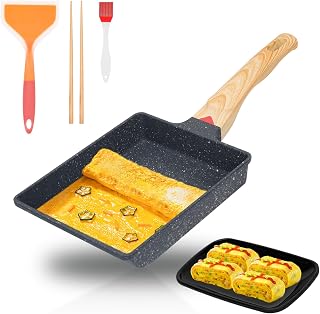 Tamagoyaki Pfanne Japanische Omelette Pfanne,Antihaft Omlettenpfanne Rechteckige Eierpfanne für Induktion & Gasherd-Inklusive Fettpinsel,Silikonspatel,Teller,Stäbchen - Kochzubehör