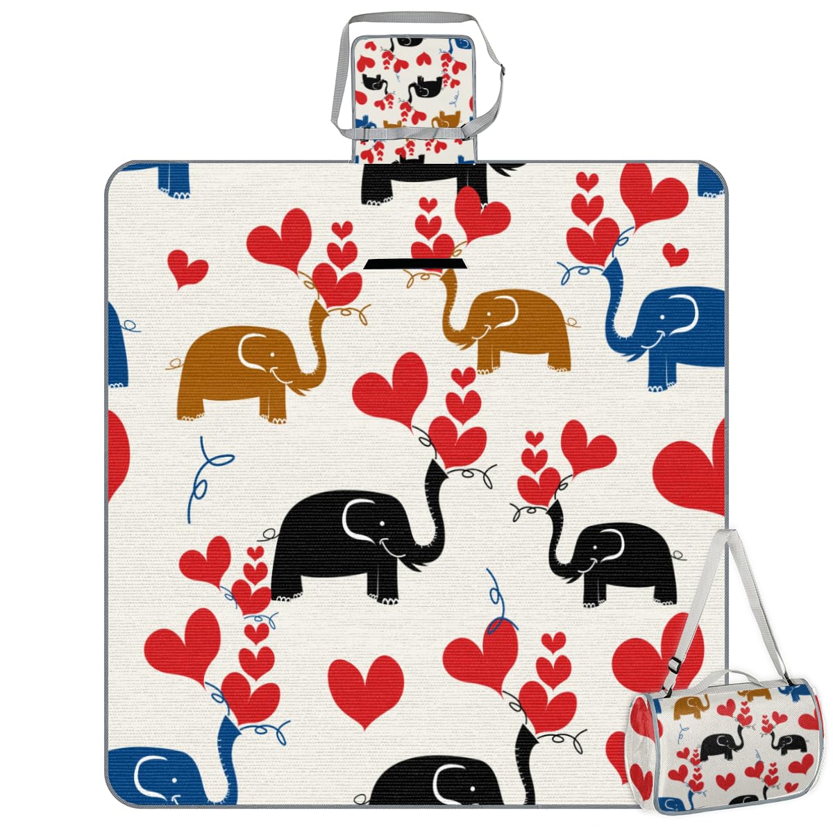 Shimoshe Picnic Blankets 57”x 59”, Love Elephant Waterproof Sandproof Picnic Mat Lightweight Foldable Beach Blanket for Camping Park Grass Beach Outdoor Blanket