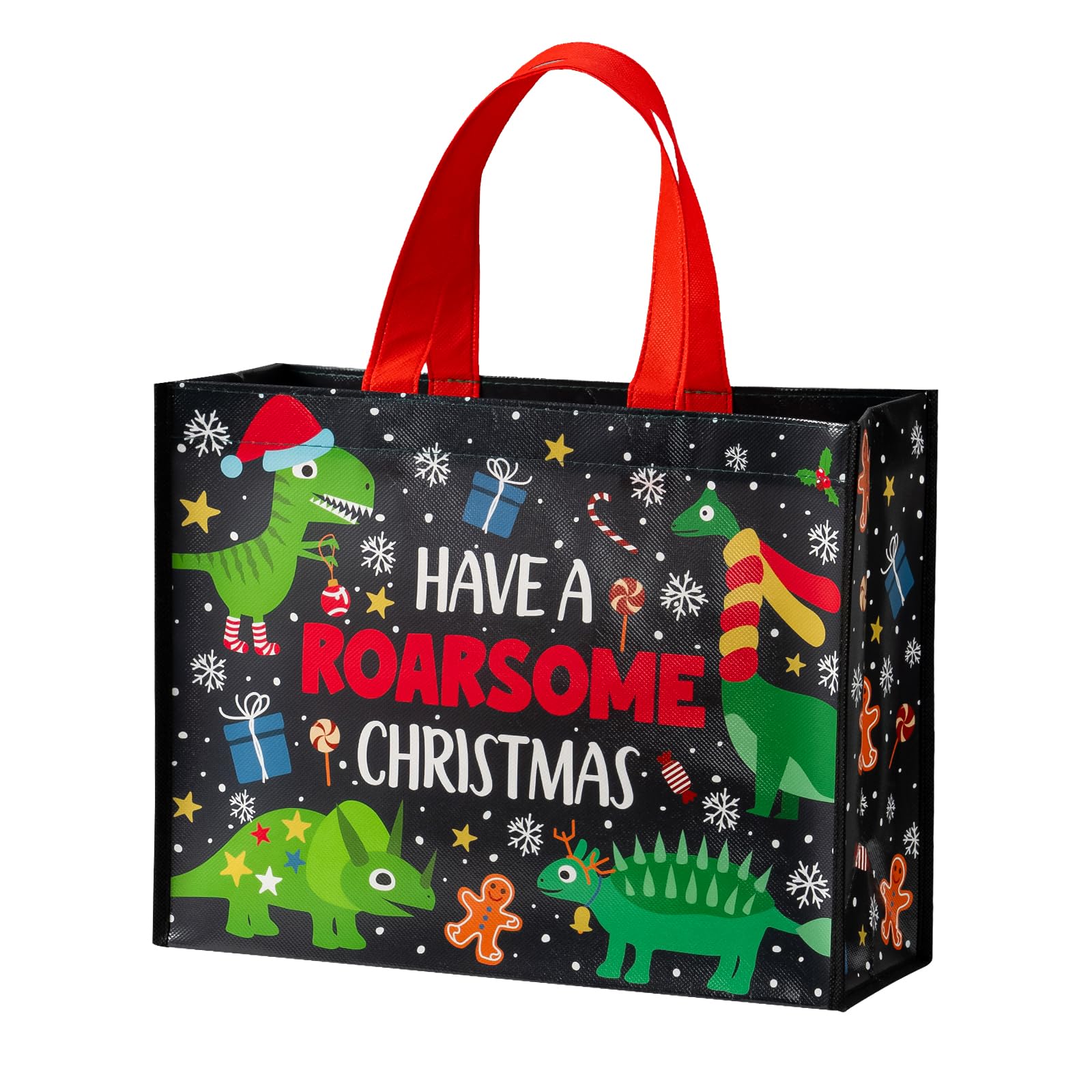 Loveinside Large Dinosaur Christmas Reusable Gift Bag with Handles - 10 x 5 x 13 inch - Black Roarsome Dinosaur Christmas Design Gift Bags for Boys Kids, Xmas, Winter Season — image 1