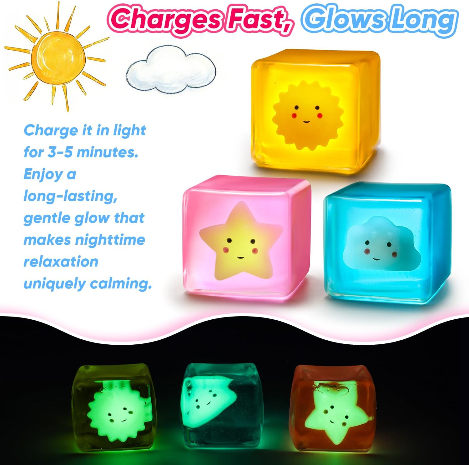 Fidget Toys, 3PCS Squishy Stress Cubes for Anxiety Stress Relief, Cloud, Sun and Star Glow in The Dark Sensory Cube Toys for Adults Kids, High Density Squeeze Ice Cubes Balls.