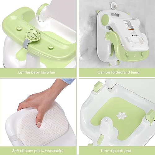 Miniatura 6 de Obee Odee Asiento de baño para bebé con 2 modos, ajuste de 3 velocidades, potentes ventosas, silla de bañera infantil con almohada lavable, plegable
