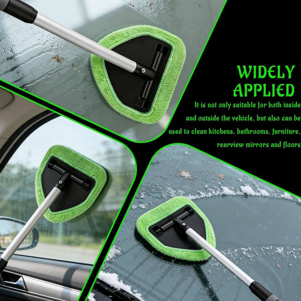 Windshield Cleaning Tool, Car Window Cleaner, Vehicle Window Detailing Cleaning Kit with Extendable Handle & 4Washable Microfiber Pad, Car Interior Glass Wiper Cleaner Kit for Most Vehicles