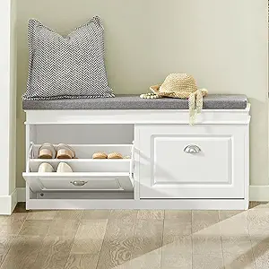 Haotian Shoe Storage Bench Entryway, Shoe Cabinet Bench with 2 Flip Drawers & Cushion, Modern Design Shoe Organizer for Hallway, White FSR64-W