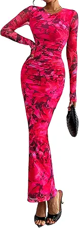 PRETTYGARDEN Fall Wedding Guest Dresses for Women 2025 Long Sleeve Ruched Sexy Bodycon Floral Mesh Cocktail Party Maxi Dress