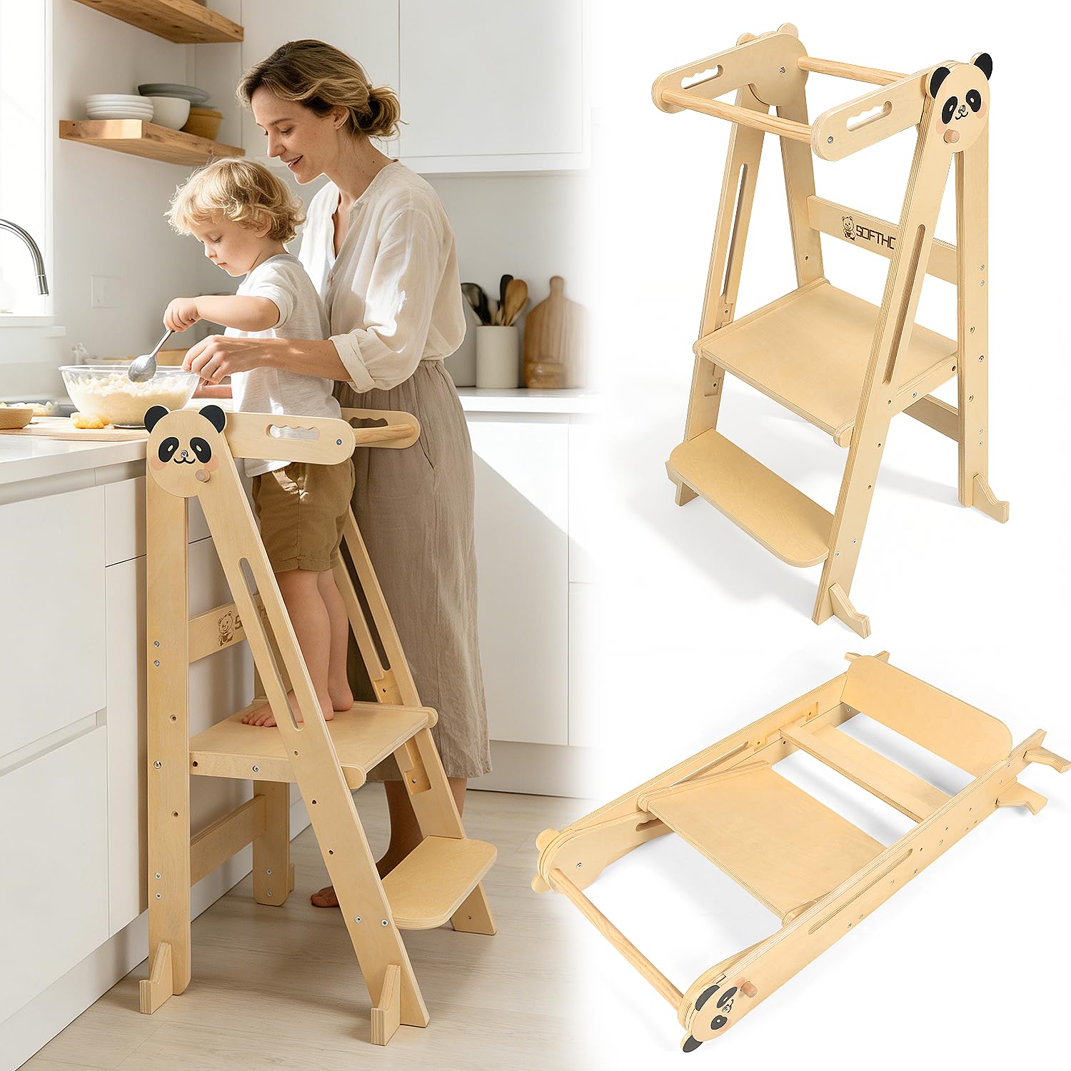 SOFTHOM Lernturm ab 1 Jahr, 3-Fach Höhenverstellbar-Montessori Lernturm Klappbar, 100% Natur Birke, Sicherheitshandlauf, Kippschutz, Platzsparender, Küchenhelfer für Kinder-Tritthocker aus Holz, Natur