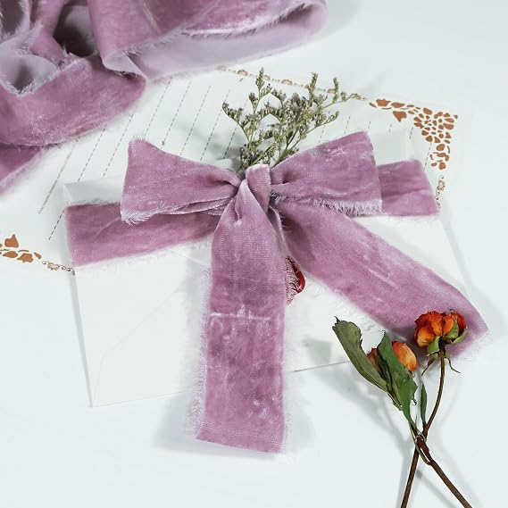Purple Velvet Ribbon for Gift Wrapping - 1 1/2 Inch 3 Yards Handmade Silk Fabric with Frayed Edge for Flower Bouquet Christmas Tree Ornaments Hair Bow Wedding