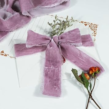 Purple Velvet Ribbon for Gift Wrapping - 1 1/2 Inch 3 Yards Handmade Silk Fabric with Frayed Edge for Flower Bouquet Christmas Tree Ornaments Hair Bow Wedding