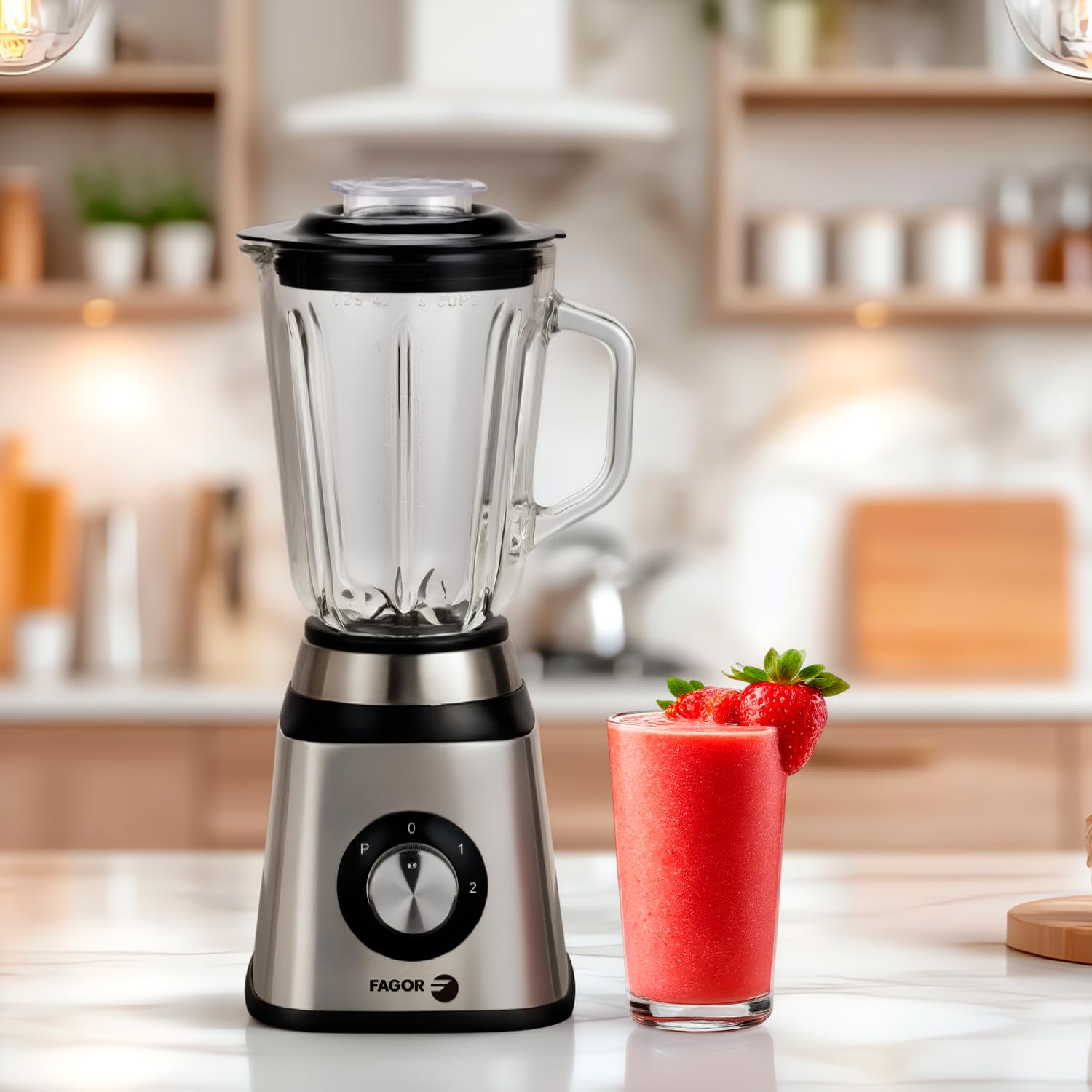 Batidora de Vaso 1,5L con Jarra de Cristal, Batidora Smoothies y Batidos, 2 Velocidades + Pulse, Cuchillas Acero Inoxidable, Blender para Fruta, Cremas y Salsas, Fácil Limpieza, FAGOR Coolmix One.