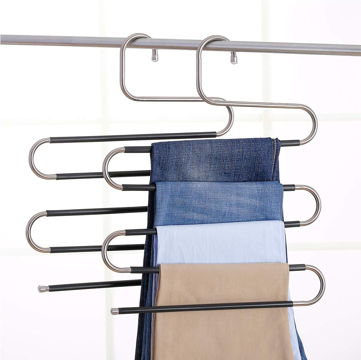 BEWISHOME 4 Pack Pants Hangers, Space Saving S Pants Hangers Organizer, Multi-Layer Hangers for Pants, Stainless Steel Clothes Hangers for Scarves,Ties,Towels,FKC02W