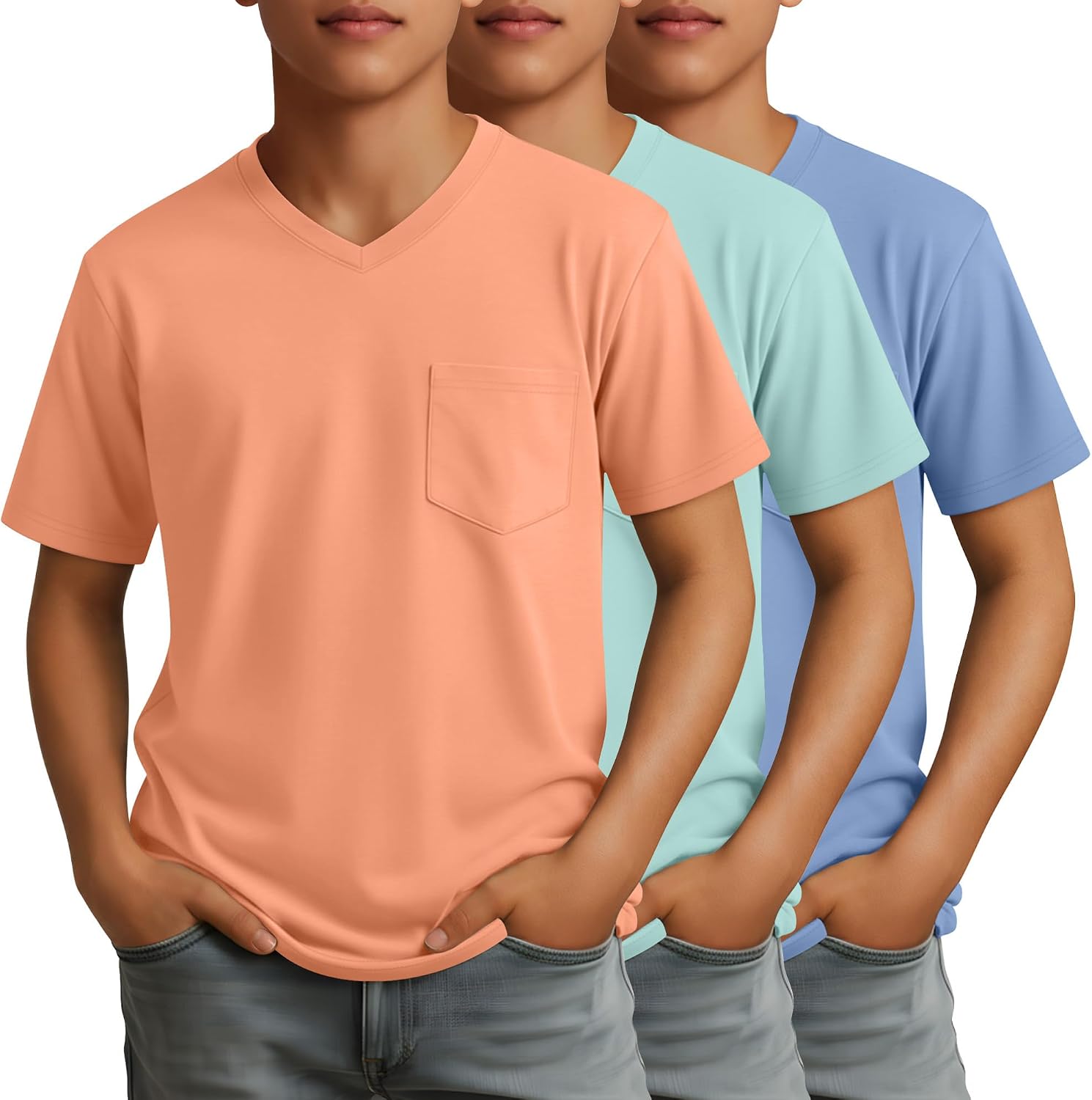 3 Pack Boy's V Neck Pocket T-Shirts Kids Short Sleeve Loose Tees Summer Basic Casual Solid Tops 5-14 Years