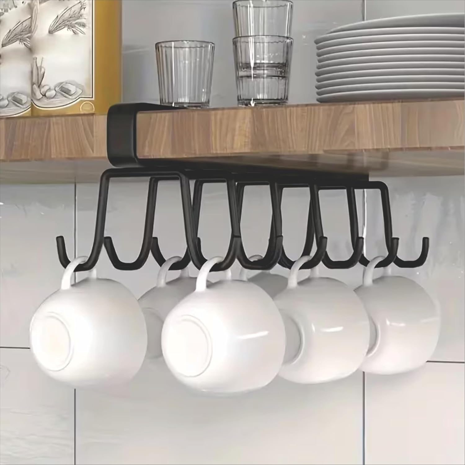 JIALTO Double Row Cup Holder Rack with 12 Hooks, Metal Cabinet Hanging Organizer for Kitchen, Coffee & Tea Cups, Towel Hol