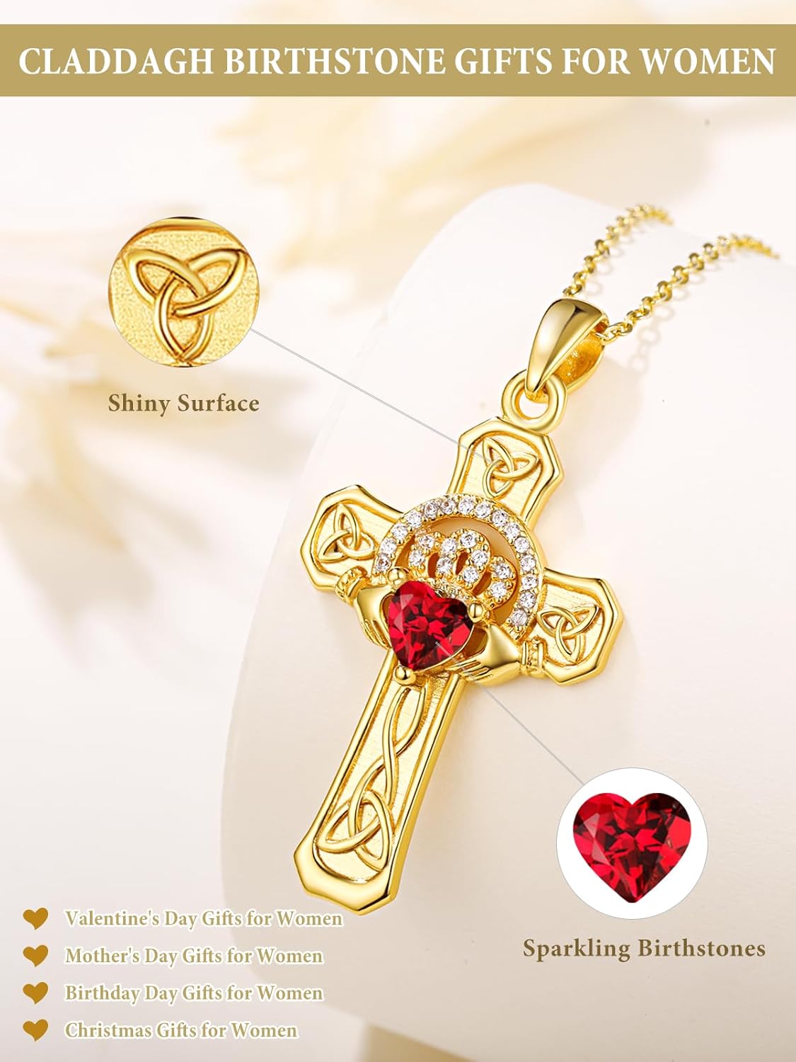 14K Gold Claddagh Cross Necklace for Women, Birthstone Celtic Knot Irish Cross Pendant Necklace Jewelry, Valentines Mothers Day Birthday Gifts for Her Mom Wife Girlfriend - Image 2