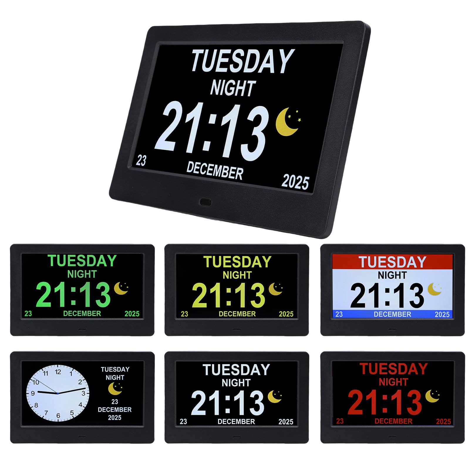 Reloj Calendario Digital Multifuncional de 7 "con Pantalla Clara para una Fácil Lectura Configuración del Despertador para Todos los Usuarios Ideal para Uso en el Hogar y la Oficina Negro