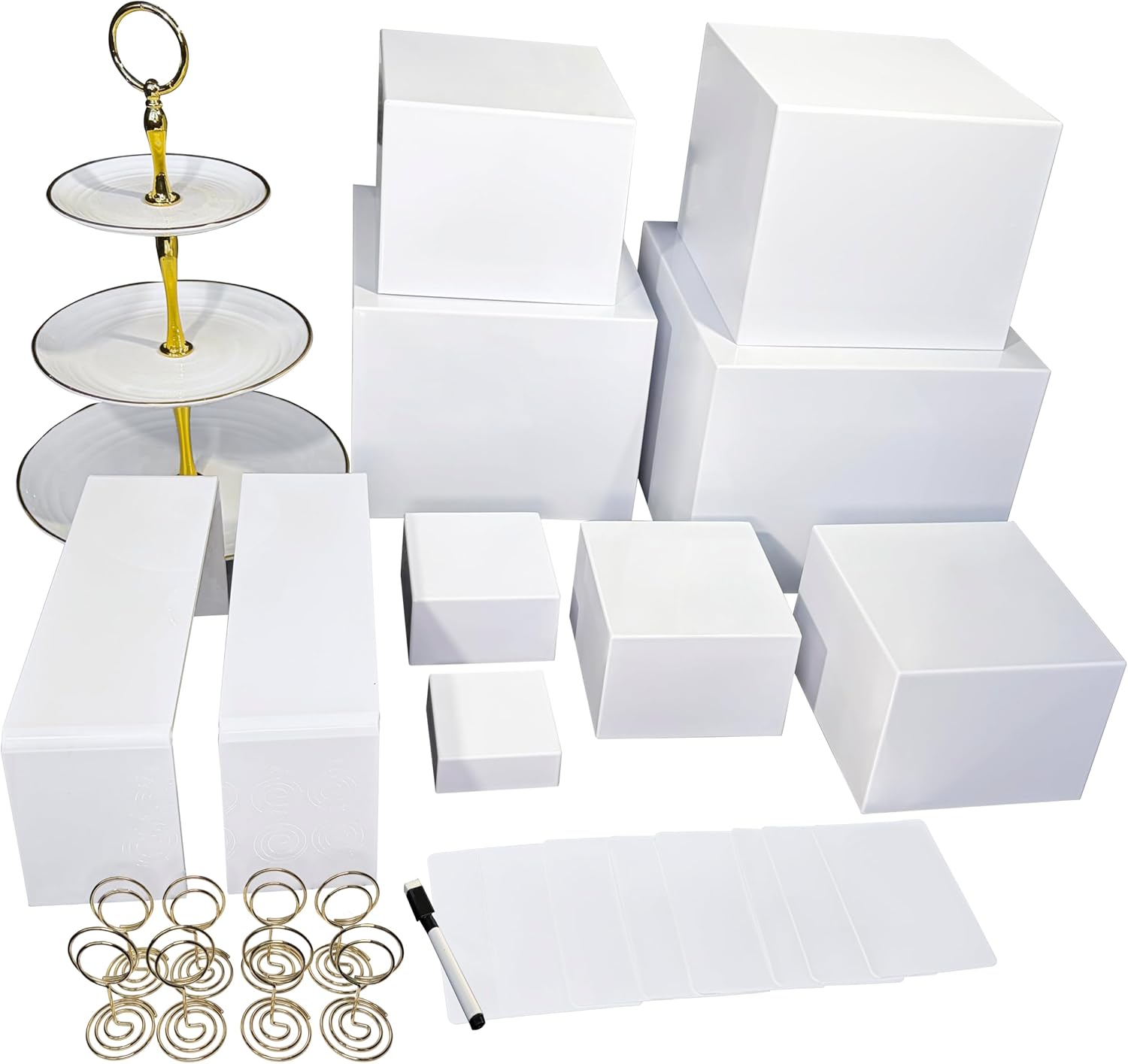 11-Pack Extra-Large White Acrylic Display Risers with 2 Display Stands & 1 Double-Layer Cupcake Stand, Marker & Display Cards, Hollow Nesting Cube Boxes (10/9/8/7/6/5/4/3 Inch) - for Banquet, Dessert Table, Collectibles, Jewelry & Party Food Display