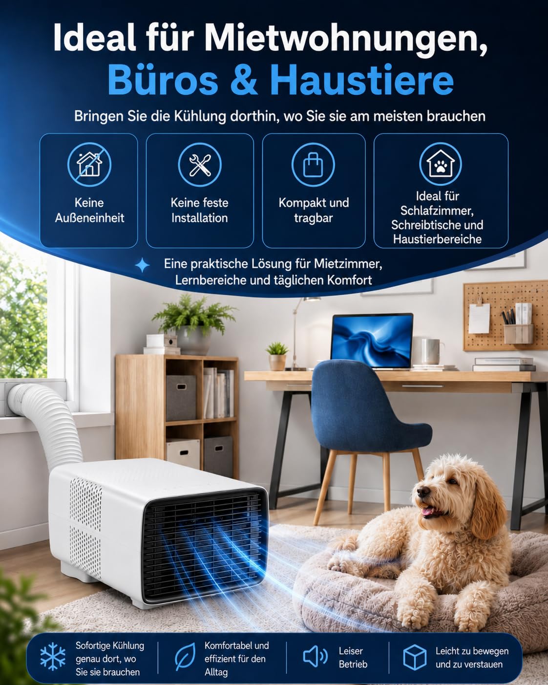 Tragbare Klimaanlage, 2700 BTU, 3-in-1, für Haus und Wohnwagen | Kühlen, Entfeuchten und Lüften von Haus und Wohnwagen; Nachtmodus, Fernbedienung, Timer und Abgasrohr