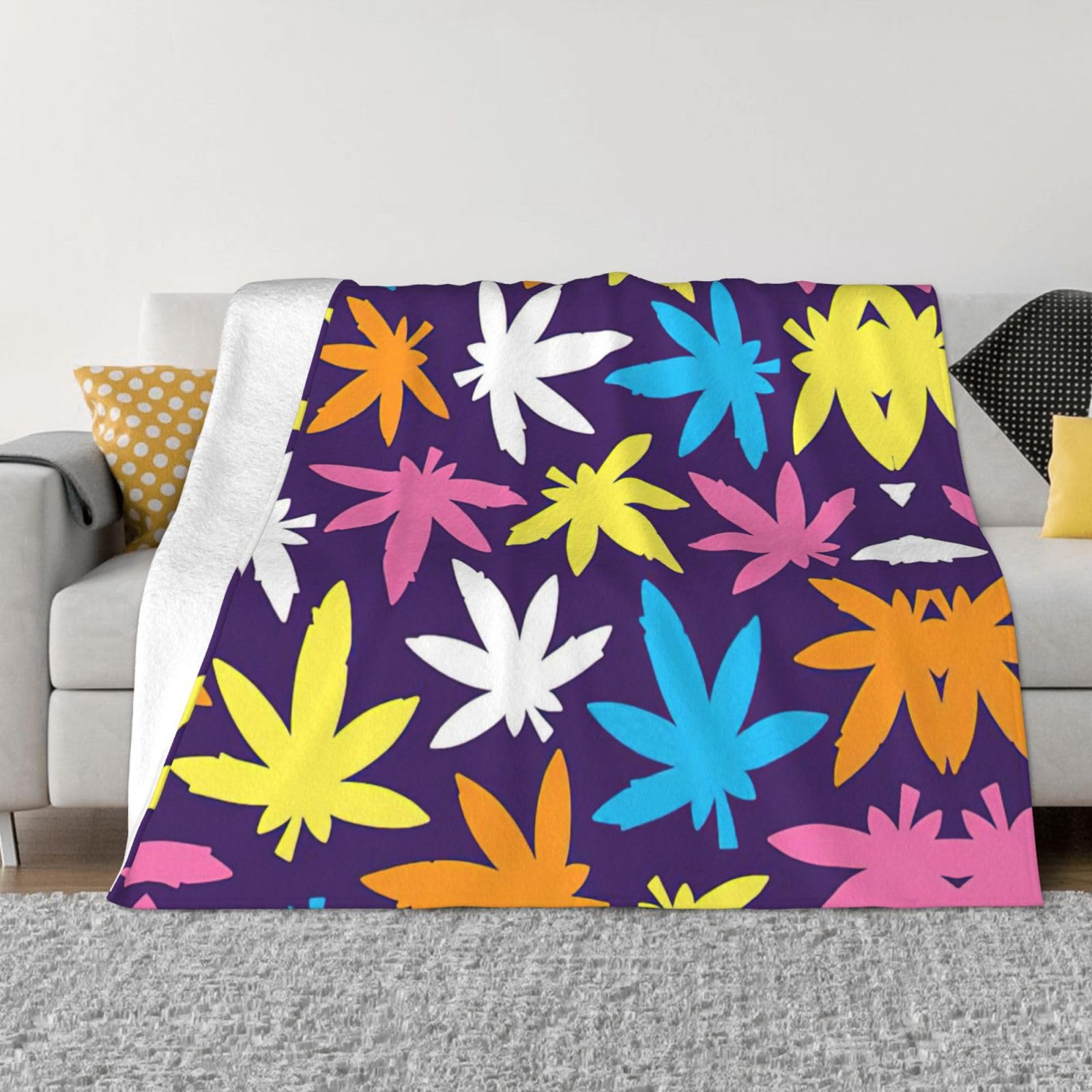Couverture en flanelle douce et légère au motif d'herbes colorées pour lit