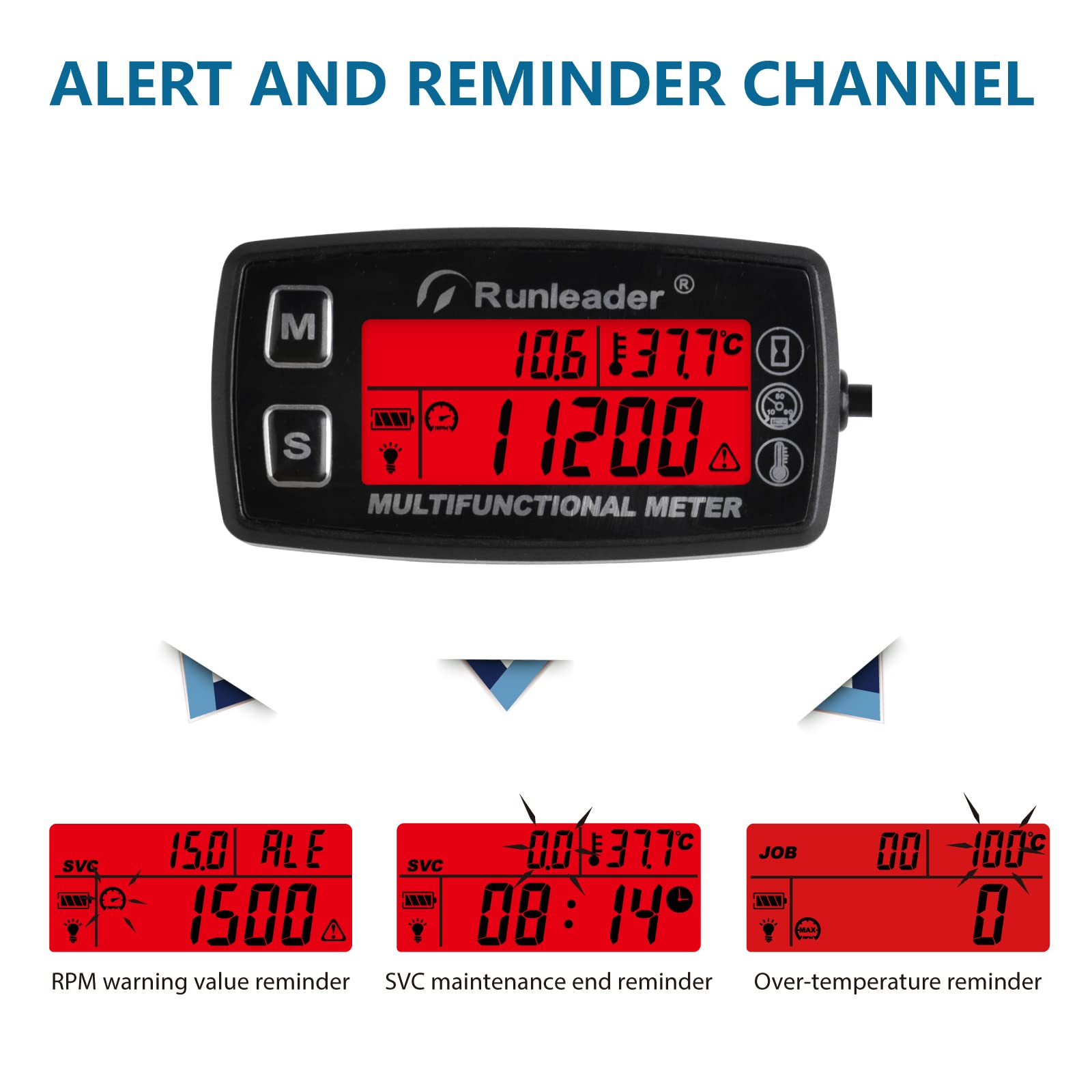 Runleader Digital Hour Meter Tachometer, Misuratore di Temperatura Motore con Alert Temp, 3 Retroilluminazione Display per Generatore Motoslitta Prato Trattore Pit Bike Compressore Marine (RL -HM035A)