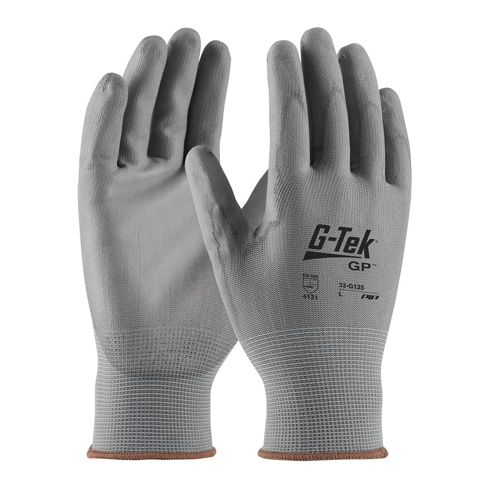 33-G125/M G-Tek NPG Gray Nylon Gloves with Polyurethane Grip, Gray Polyurethane Coated Palm and Fingers, Medium, Pack of 300