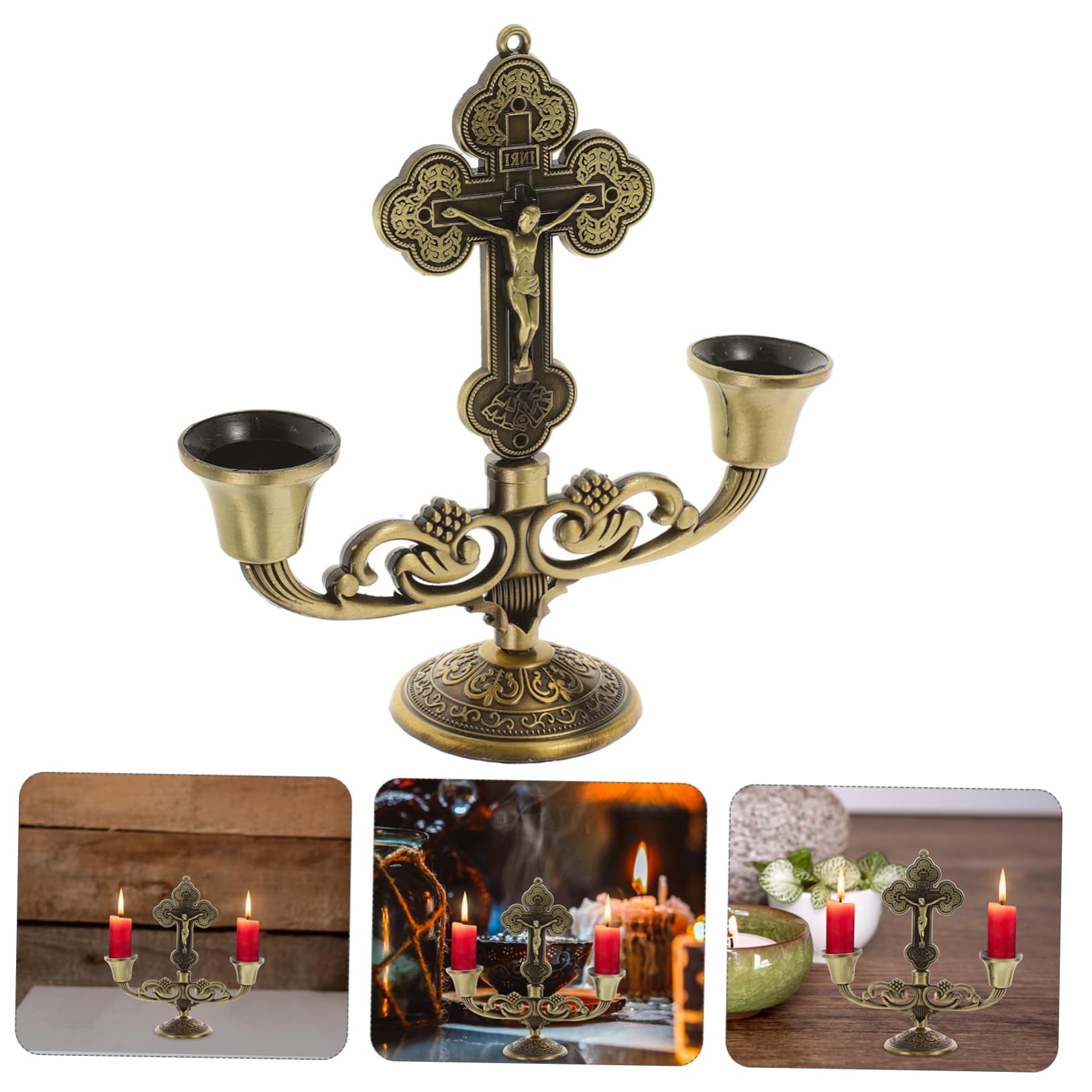 3 Pièces Bougeoir Élégant Pièce Maîtresse De Chandelier Bougeoir Rétro Catholique Religieux Vintage Support De Bougie D'église Chrétienne De Zinc