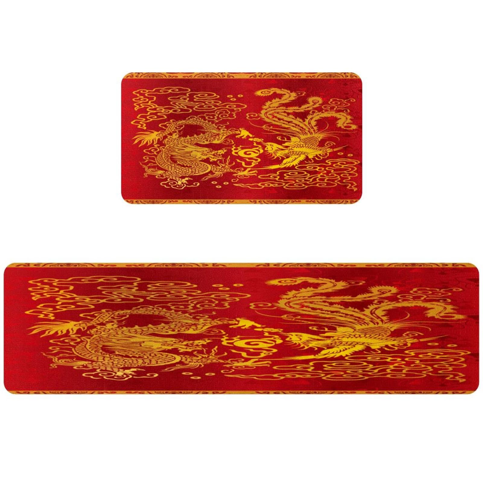 Tapis de cuisine lavable antidérapant motif dragon et phoniex - Lot de 2