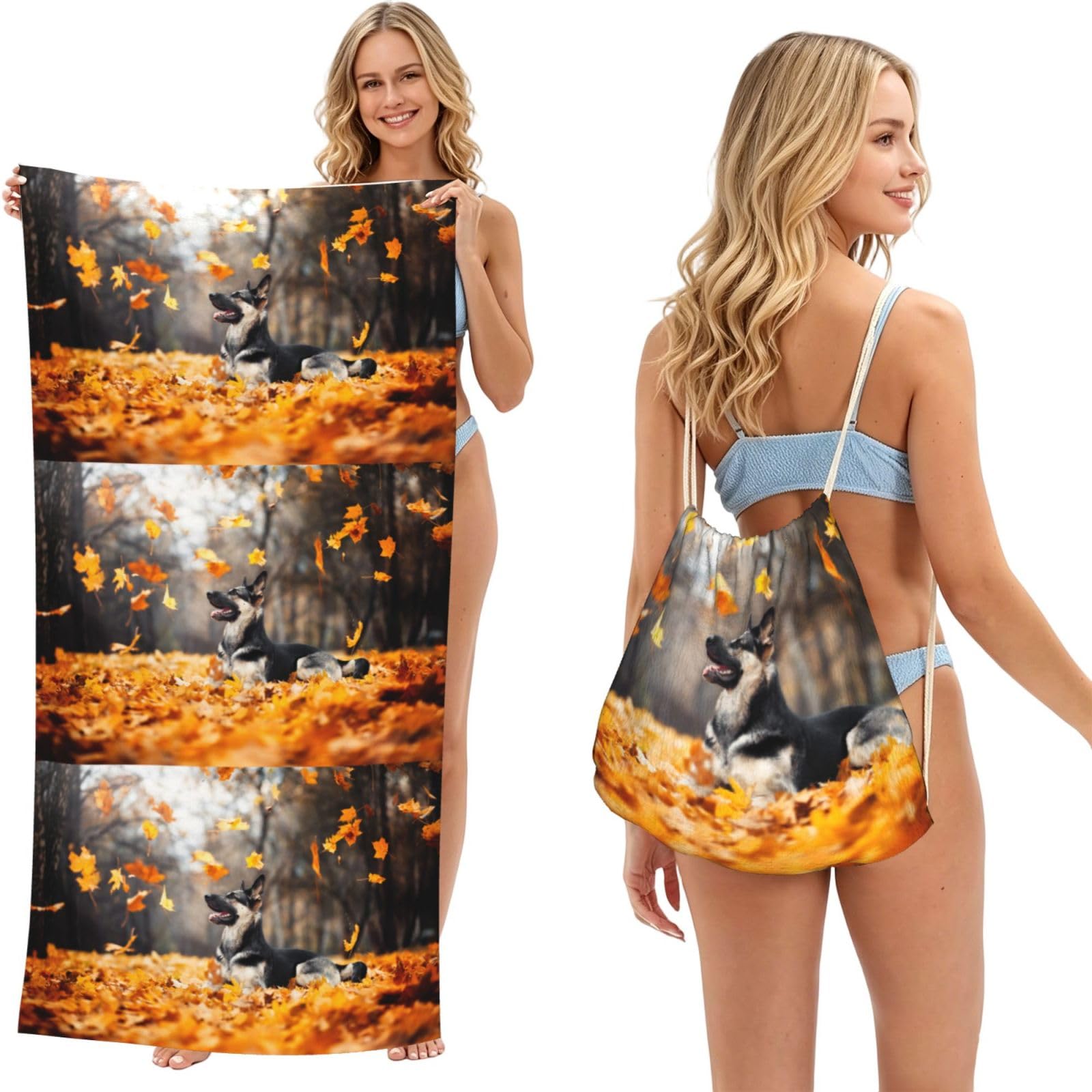 Poadnly German Shepherd And Falling Leaves, 2 in 1 Packable Towel Bag, Beach Towels with Drawstring Backpack for Travel Holiday Camping