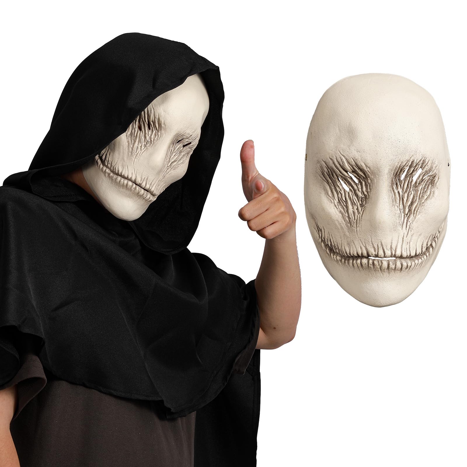 AENEY Scary Slenderman Smile Mask, 3PCS Creepy Ghostface Demon Mask Hooded Cloak Gloves, Horror Halloween Cosplay Props (A mask)