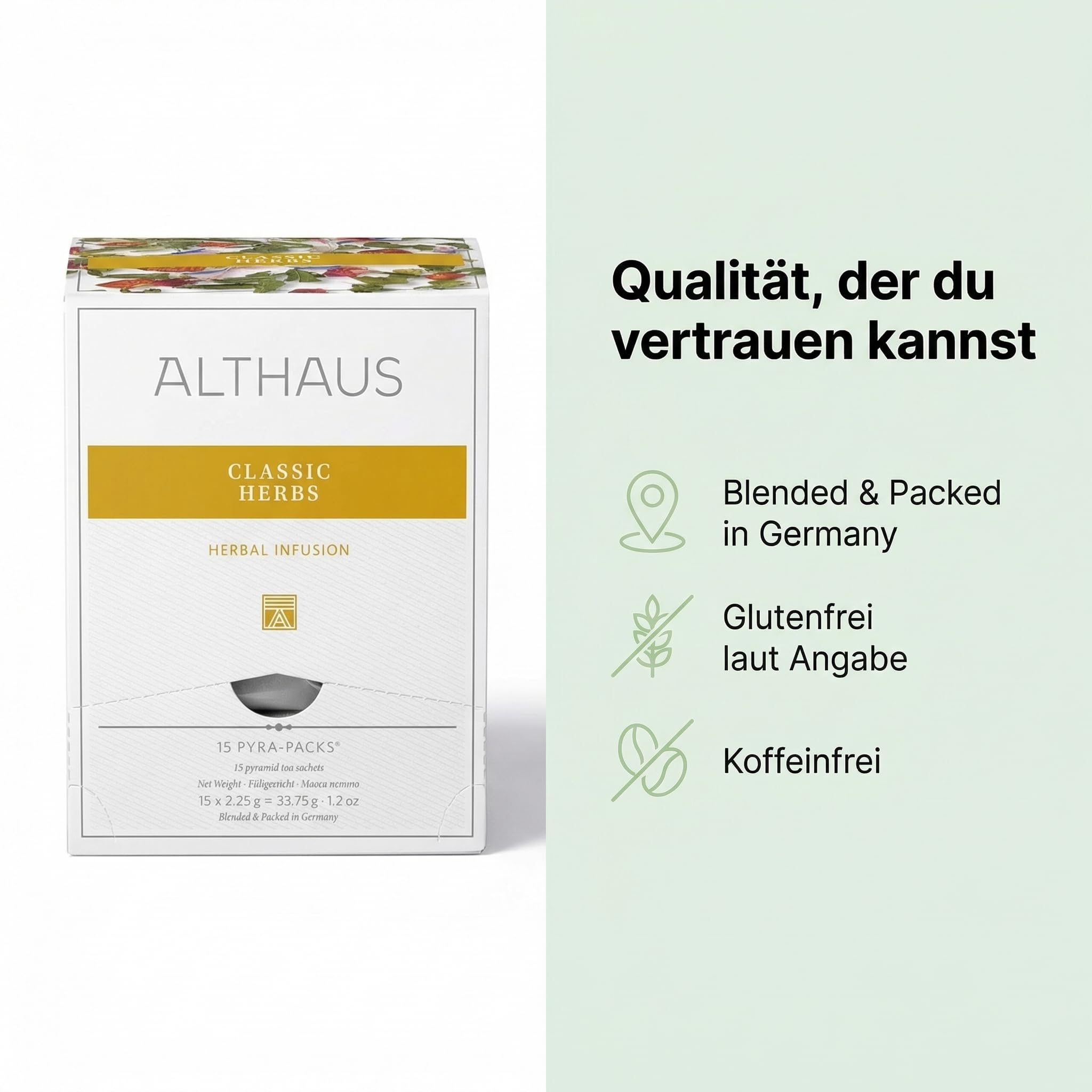 6 Packungen ALTHAUS Classic Herbs Kräutertee, Pfefferminze-Kamille-Salbei, Koffeinfrei, je 15 Pyramidenbeutel à 2,25 g