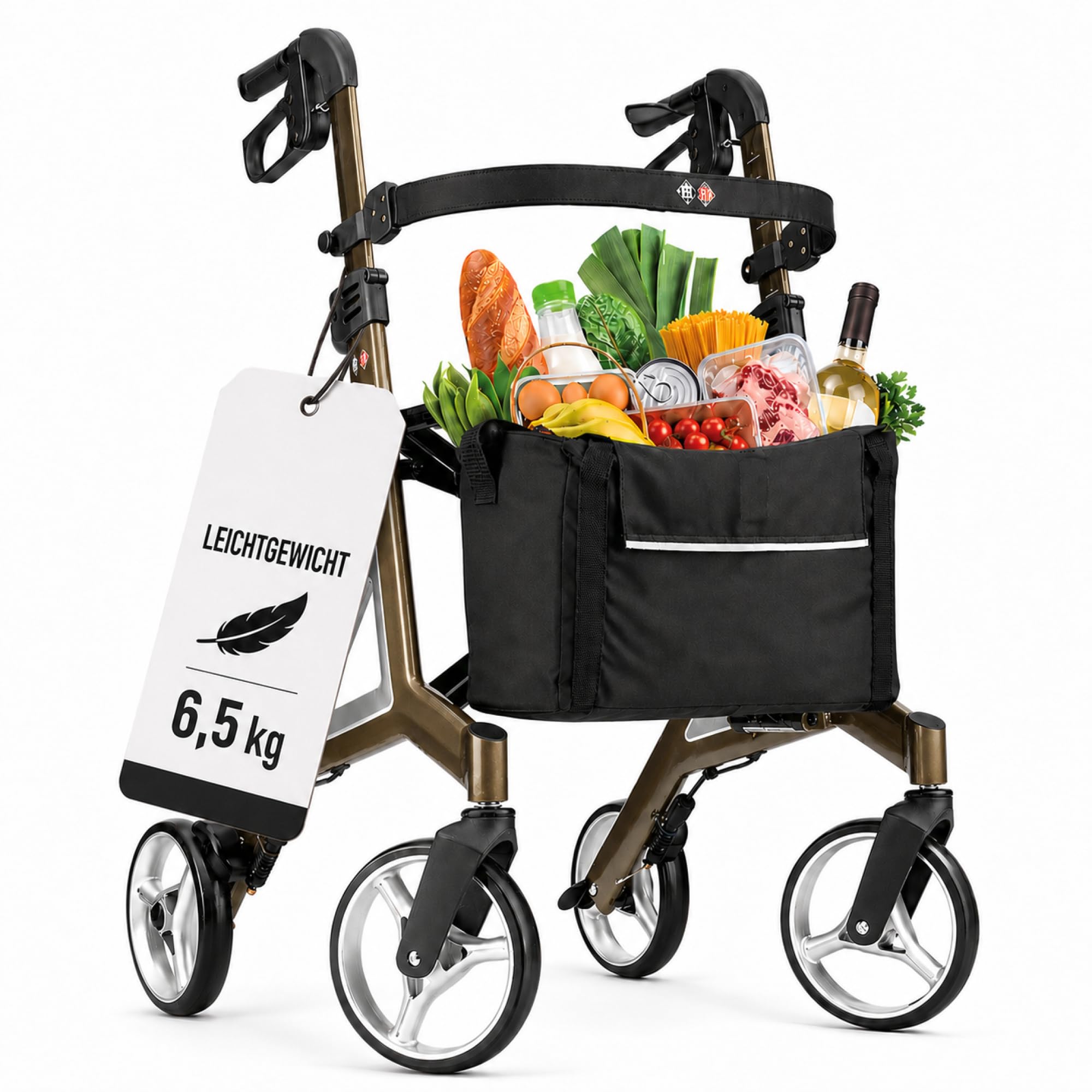 Bischoff & Bischoff Alevo - Andador plegable de aluminio SH 58,5 cm, ligero, para interior y exterior, con asiento estable y bolsa extraíble, color platino