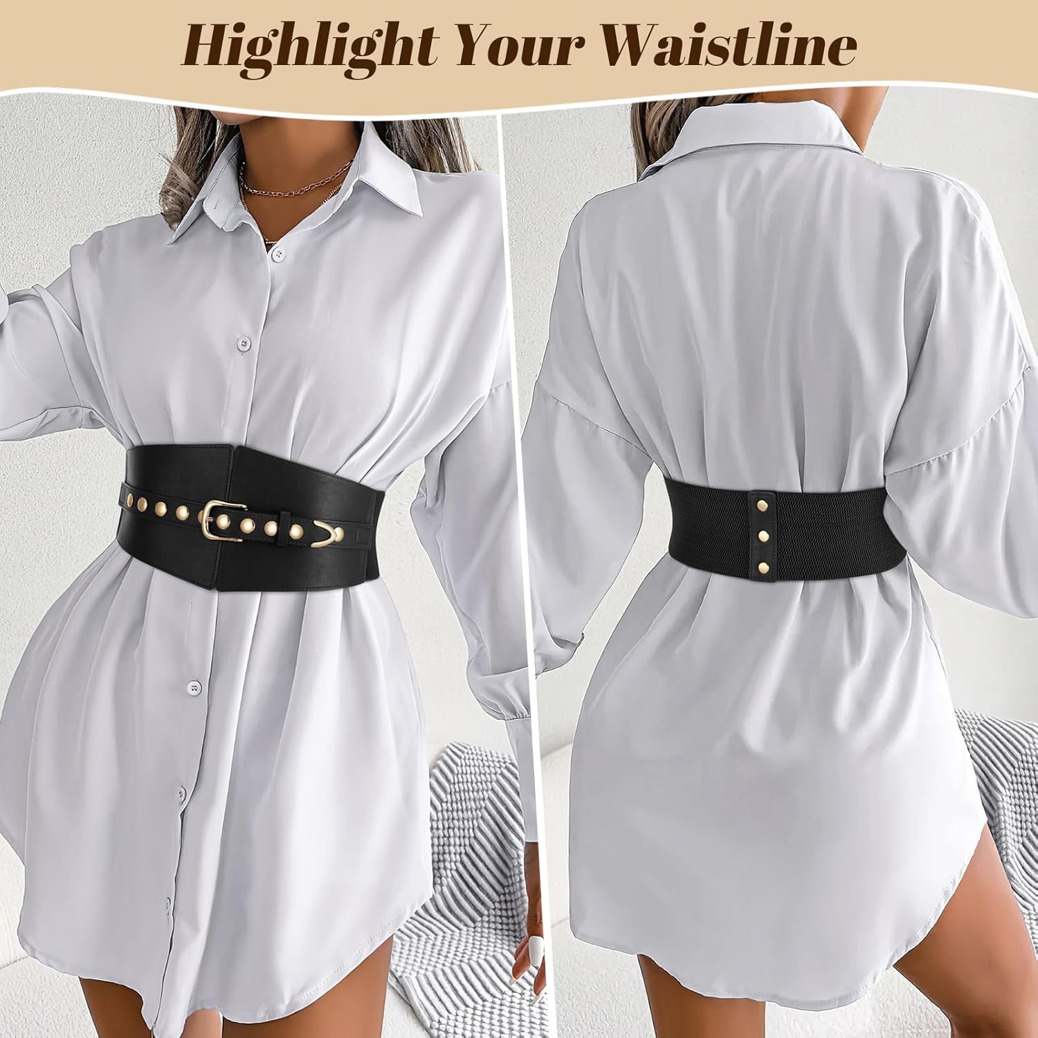 Wide Waist Belt Women Elastic Chunky Stretchy Elegance Belt with Gold Rivets Buckle for Daily Costume - Image 2