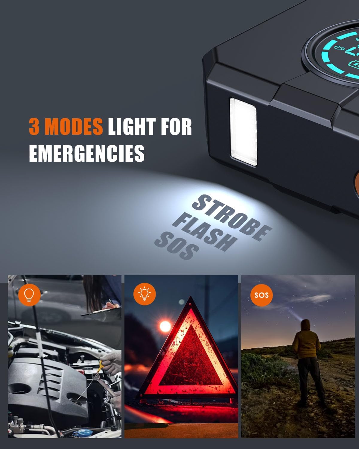BUVAYE YS03 showing 3 light modes: regular light for working on a car, strobe for warning, and SOS for emergencies.