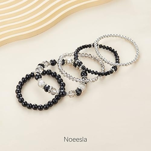 Miniatura 2 de Noessla Pulsera elástica de perlas con cuentas de plata, apilables, pulseras de cuentas de cristal, joyería de moda, regalo para el día de la madre
