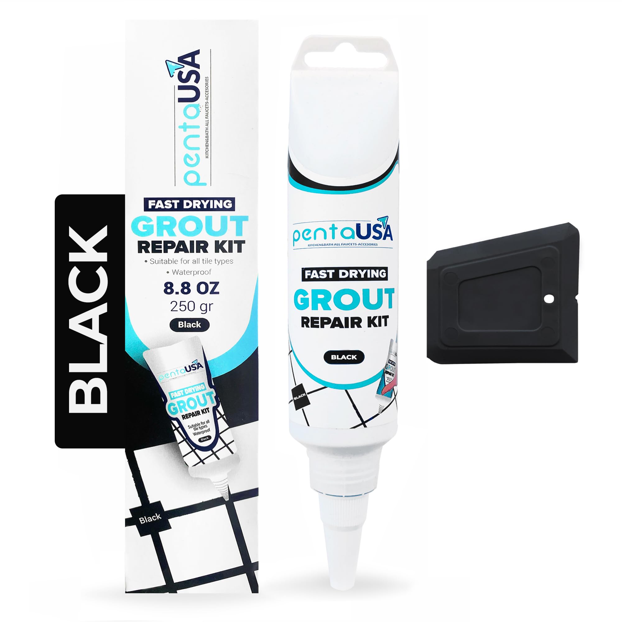 PentaUSA Grout - Fast Drying Grout Repair Kit, Restore and Renew Joint Lines in Bathroom and Kitchen - Scraper Included (250g - Black)