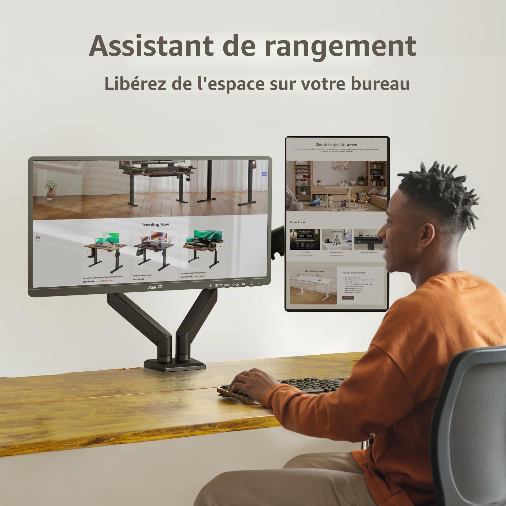 Claiks Support de Moniteur pour 2 écrans de 15 à 32 ", Ergonomique, Peut Supporter 2 à 18 kg, pivotant, VESA 75 et 100 mm, Blanc (Noir)