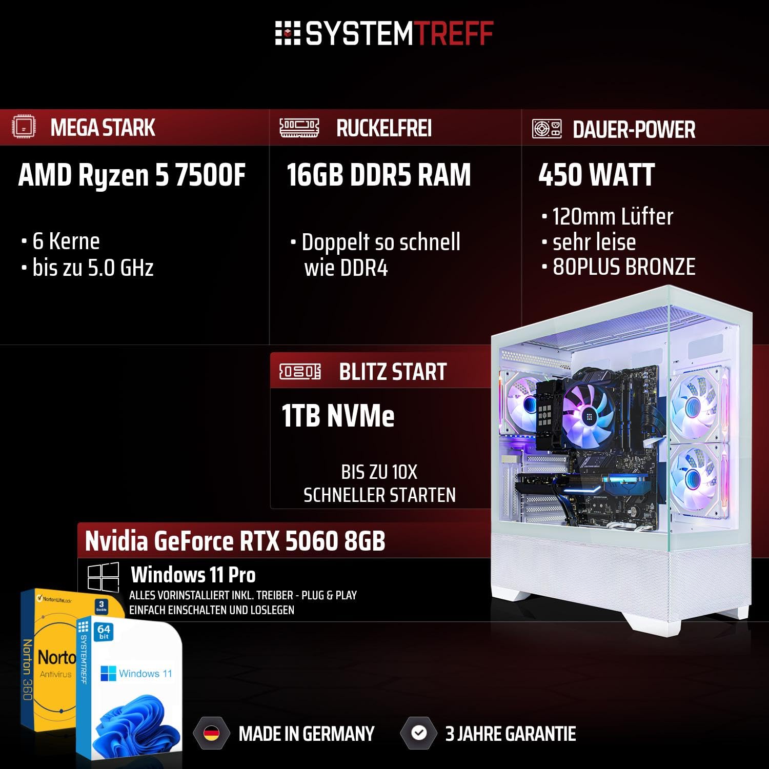 SYSTEMTREFF Gaming PC - AMD Ryzen 5 7500F - RTX 5060 8GB