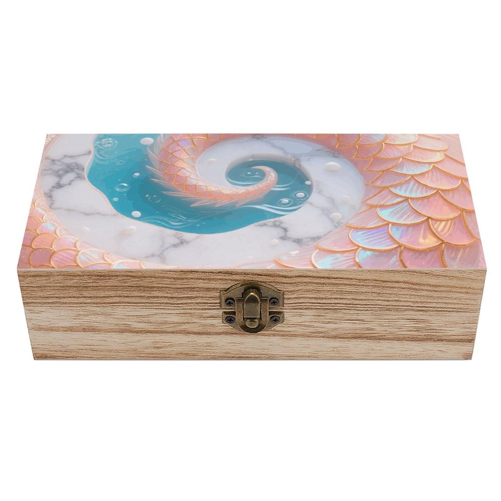 Mermaid Fish Scales Marble Wooden Keepsake Box Storage Boxes with Hinged Li