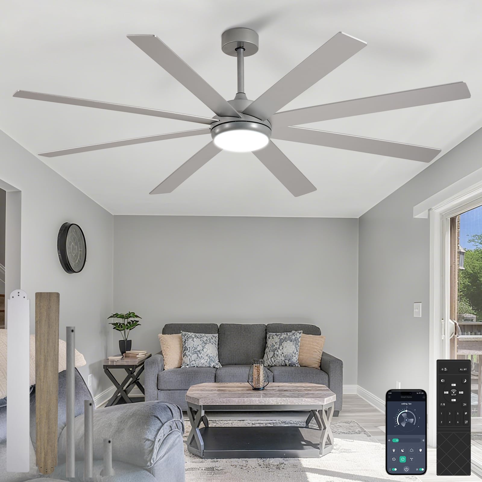 Depuley 66" Ceiling Fans with Lights: Large Indoor/Outdoor Ceiling Fan for Patios Living Room - 8 Blades Silver Dimmable Ceiling Fans with Remote APP Control Timer Reversible Quiet DC Motor 6 Speeds