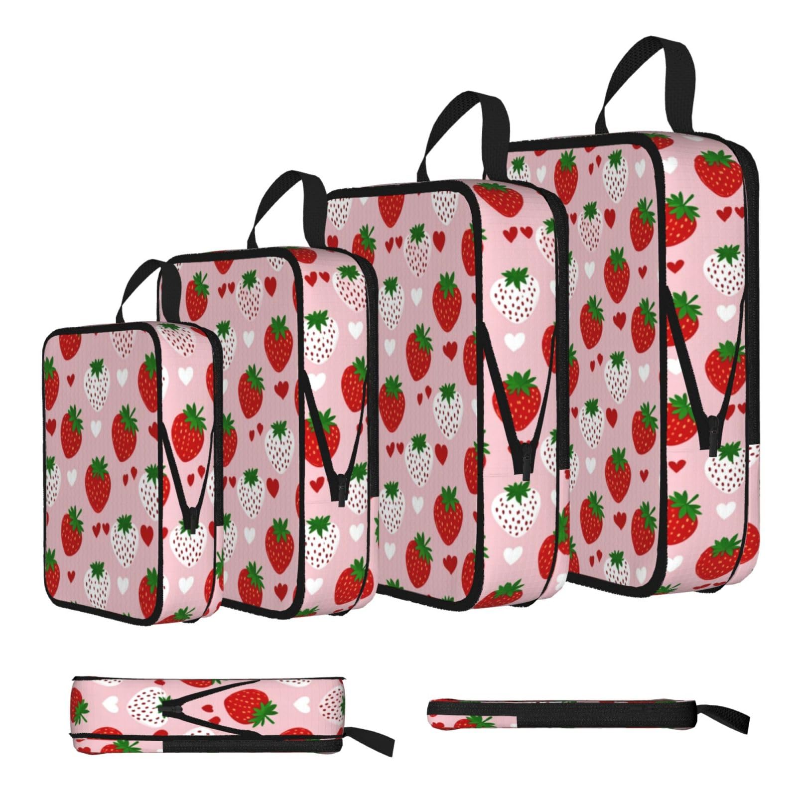 Strawberry and Heart Print Packing Cubes for Travel Space Saver Bags, Compression Packing Cubes Set of 4, Expandable Luggage Organisers, Suitcase Organiser Bags